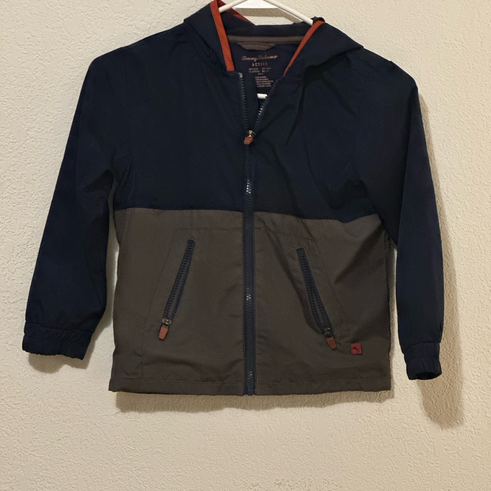 Tommy Bahama boys hooded full zip jacket 5/6 navy gray zip pockets